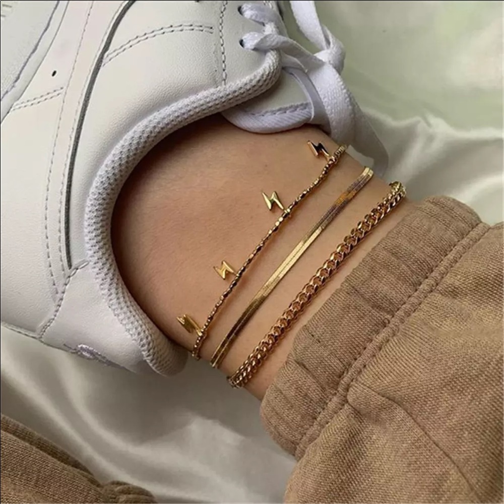 Gold Lightning Bolt Ankle Bracelet Set